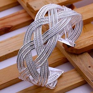 Braided Wide Cuff Sterling Silver Bangle Cuff Bracelet